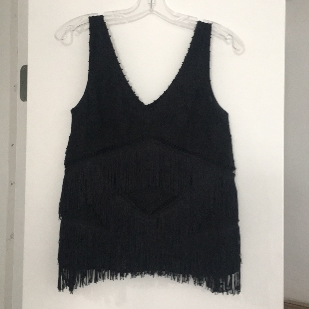 Anthropologie Black Fringe V-Neck Tank Top